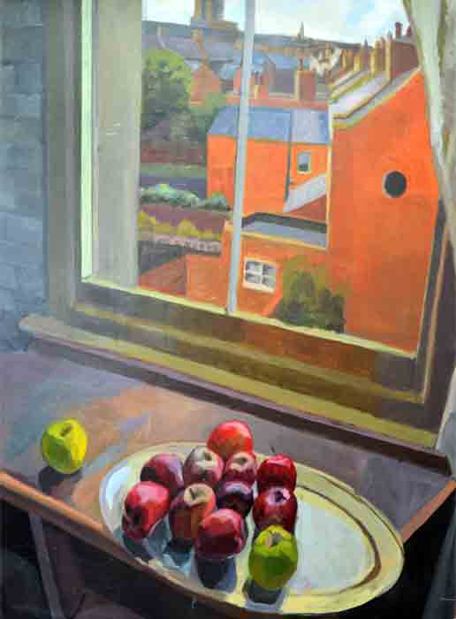 Apples on the edge, painting by John Morton